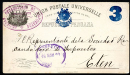 Peru Surcharged Postal Card UPSS #22 Sun Type3 Used Lima-Eten 1893 Cat. $30.00 - Peru
