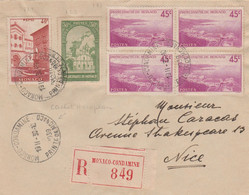 MONACO  LETTRE RECOMMANDEE POUR LA ROUMANIE AVEC BLOC DE 4  ET CACHET HOROPLAN  1930 - Covers & Documents