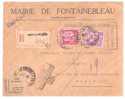 FONTAINEBLEAU Lettre Recommandée AR Entête Mairie Paix 1,75F 40c Yv 281 289 Retour Envoyeur Paris 17 Inconnu Ob 1938 - Brieven En Documenten