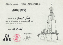 Ancien Brevet Du Club De Marche Les Ropieurs (Université De Mons) Avec Beffroi (1986) - Diploma & School Reports