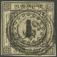 BADEN 1a O, 1851, 1 Kr. Schwarz Auf Sämisch, Zentrischer Nummernstempel 139 (STOCKACH), Oben Rechts Leicht Angeschnitten - Andere & Zonder Classificatie