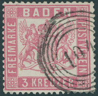 BADEN 16 O, 1862, 3 Kr. Rosakarmin, Nummernstempel 104, Pracht, Gepr. Englert, Mi. 350.- - Andere & Zonder Classificatie