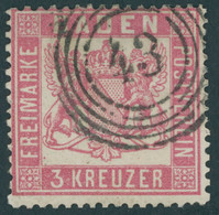 BADEN 16 O, 1862, 3 Kr. Rosakarmin, Nummernstempel 43, Pracht, Signiert H.K., Mi. 350.- - Andere & Zonder Classificatie