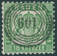 BADEN 21a O, 1862, 18 Kr. Grün, Nummernstempel 109, Oben Repariert, Wie Kabinett, Gepr. Brettl, Mi. (700.-) - Andere & Zonder Classificatie