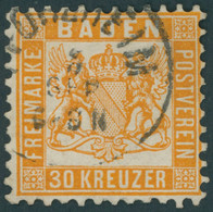 BADEN 22b O, 1862, 30 Kr. Dunkelgelblichorange, K1 PFORZHEIM, Pracht, Fotoattest Bühler, Mi. 3200.- - Andere & Zonder Classificatie