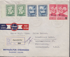 1954. ISLAND. HEKLA 2 Ex. 5 AURAR /35 AUR + 2 Ex 70 And 1,75 Manus On Reg-cover To Wü... (Michel 292+) - JF367019 - Covers & Documents