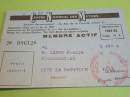 Carte Associative/Centre National Des Métiers/LYON/ Membre Actif/Leroy/Ivry La Bataille/Eure/1961  AEC183 - Andere & Zonder Classificatie