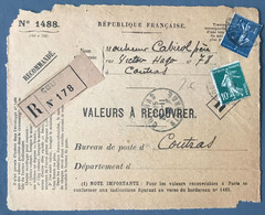 France N°159 Et 205 Sur Devant Recommandé Des VALEURS à RECOUVRER - (C1821) - 1921-1960: Modern Tijdperk