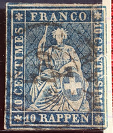 Suisse HELVETIA Assis -> Timbre N°14 Non Dentelé De 10 Centimes 10 Centimi 10 Rappen FRANCO-1854 10rp Bleu - Gebraucht