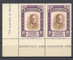 Ethiopia, 1947, President Roosevelt, MNH Corner Margin Pair, Michel 233 - Etiopia