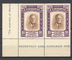 Ethiopia, 1947, President Roosevelt, MNH Corner Margin Pair, Michel 233 - Ethiopia