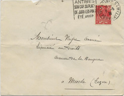 LETTRE OBLITERATION DAGUIN " ANTIBES -SON CAP. SA PLAGE DE JUAN LES PINS -ETE-HIVER -1931 - Annullamenti Meccaniche (Varie)