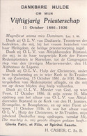 Vijtigjarig Priesterschap Priester H. Casier 1886 - 1936 Dadizeele Dadizele Roeselare St-Truiden - Devotieprenten