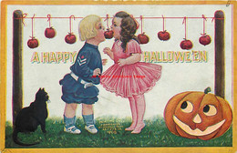 265443-Halloween, IAP 1908 No IAP01-5, Bernhardt Wall, Black Cat & JOL Watch Boy & Girl Biting The Same Apple - Halloween