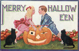 265455-Halloween, IAP 1908 No IAP01-6, Bernhardt Wall, Black Cats Watching Boy & Girl Leaning Over Jack O Lantern - Halloween