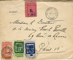 1922 - Enveloppe RECC.  De DJIBOUTI  Affr.  65 C  Dont N°101 Et 102  Pour Paris - Lettres & Documents