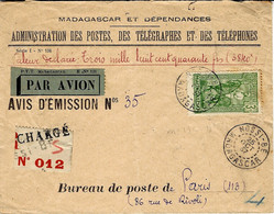 1937- Env. Des P.T.T. Par Avion CHARGE 3840 F Pour Paris Affr. 3 F Oblit. NOSSI-BE / MADAGASCAR - Storia Postale