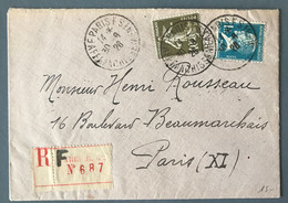 France N°179 Et 193 Sur Enveloppe Recommandée TAD F PARIS F AFFRANCHISSEMENTS 30.8.1926 - (C1634) - 1921-1960: Modern Tijdperk