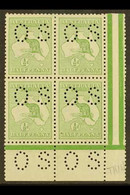 OFFICIALS  1913 ½d Pale Green, Punctured "O S" (smaller Letters, SG Type O2), Corner Marginal Block Of 4, SG O16, Very F - Other & Unclassified