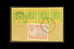 1938  5s Green And Red On Yellow On Ordinary Paper, Geo VI, Strip Of 4, One Showing The Variety "Broken E", SG 112b/112b - Leeward  Islands