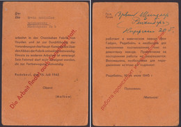 Arbeitserlaubnis Mit Fahrradnutzung "Radebeul", 16.7.45, Dt./russ. Zeitdokument! - Lettres & Documents