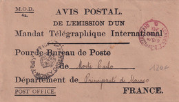 MONACO 1928 - RARE ENVELOPPE AVIS POSTAL EMISSION MANDAT TELEGRAPHIQUE INTERNATIONAL De LONDRES => MONTE CARLO - Postmarks