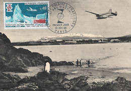 ILES KERGUELEN LA BASE SCIENTIFIQUE GRANDE TERRE PORT AUX FRANÇAIS AVIATION AVION EXPEDITIONS POLAIRES CARTE TIMBRE 1968 - TAAF : Terres Australes Antarctiques Françaises