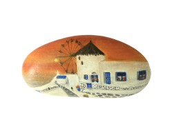 Original Painting Of A Greek Windmill Scene Hand Painted On A Beach Stone Paperweight - Paper-weights