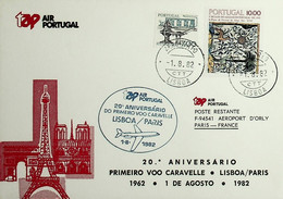 1982 Portugal 20º Aniversário Do 1º Voo 7 First Flight TAP Lisboa - Paris Em Caravelle - Covers & Documents