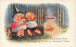 326037-Halloween, Whitney No WNY50-1, JOL Head Children On Log Near Bon Fire - Halloween