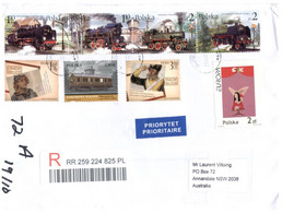 (T 1 Large) Poland Registered Letter Posted To Australia (with Many Railway Stamps + 1 Europa) - Covers & Documents
