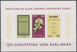 DDR 1968. 150. Geburtstag Karl Marx: Komm. Manifest/Porträt/Das Kapital, Block 27 Postfrisch (MNH) - Karl Marx