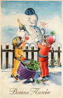 CPA Illustrateur * Bonhomme De Neige * Snowman * Bouteille De Champagne * Enfants * Bonne Année - Sonstige & Ohne Zuordnung