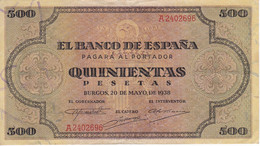 BILLETE DE ESPAÑA DE 500 PTAS DEL AÑO 1938 DE BURGOS SERIE A CALIDAD EBC (XF)  (DIFÍCIL Y RARO) - 500 Pesetas