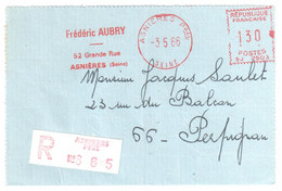 ASNIERES Ppal Seine Carte Lettre Privée Recommandée EMA Aubry SJ 2503   1,30F Ob 3 5 1966 Etiquette Reco - Freistempel