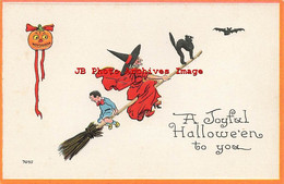 329671-Halloween, Bergman 1913 No 7035-6, Boy & Black Cat Riding Broom With Witch - Halloween