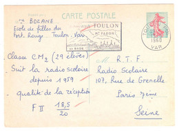 TOULON Ppal Var Carte Postale Entier 0,20F Semeuse Ob Meca 3 5 1960 Yv 1233-CP1 - Standaardpostkaarten En TSC (Voor 1995)