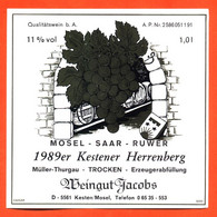 étiquette De Vin De Moselle 1989 Kestener Herrenberg Saar Ruwer Muller à Troc Ken à Vaux - 100 Cl - Vin De Pays D'Oc