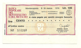 1976 - Italia - Banca Popolare Del Montefeltro E Del Metauro - Nummus - Kalos - [10] Assegni E Miniassegni