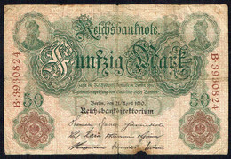 ALLEMAGNE - Reichbanknote - Fünfzig Mark - 50 Mark - Usagé - Used - B N° 3930824 - Année / Year 1910. - 50 Mark