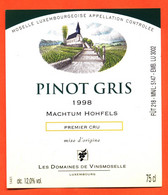 étiquette De Vin De Moselle Luxembourgeoise Pinot Gris 1998 Machtum Hohfels Domaines De Vinsmoselle - 75 Cl - Vin De Pays D'Oc