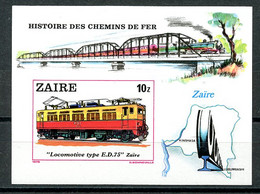 Zaire, 1980, Locomotives, Trains, Railroads, MNH Imperforated Sheet, Michel Block 31U - Sonstige & Ohne Zuordnung