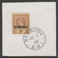 Barbuda 1922 Overprint On Leeward Islands 3d Purple On Pale Yellow SG 9 On Piece With Full Strike Of Madame Joseph Forge - Vignetten (Erinnophilie)