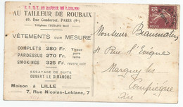N° 53 ( = N° 189  T.I ,  Semeuse Fond Plein 15c Brun-lilas) Sur Impr. Pub. "Le Tailleur De Roubaix" Vers Compiègne - 1893-1947