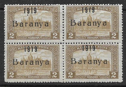 Hungary Baranya 1919 MNH Parliament 2Kr Block Of Four Two Types Variety - Emissioni Locali