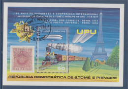 Bloc 1 Timbre Dentelé Oblitéré 15.12.78 S.Tomé E Principe Anniversaire De L'entrée à L'UPU, Train, Tour Eiffel, - UPU (Union Postale Universelle)