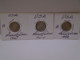 U.S.A., Coins, Mercury Dime, 1941,1941-D,1942. VF, Circulate. How You Can See. Thank For You Visit. - Andere & Zonder Classificatie