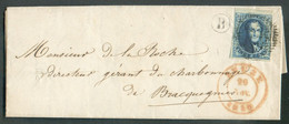 N°4 - Médaillon 20 Centimes Bleu, Un Peu Touché à Droite Sinon Bord De Feuille Supérieur, Obl. P.72 Sur Lettre De LEUZE - 1849-1850 Medaglioni (3/5)