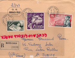 MONACO- MARCOPHILIE TIMBRE 15 F- 50 F-5F - -PERUCAUD MEGISSERIE SAINT JUNIEN RECOMMANDE 1953 - Marcofilie