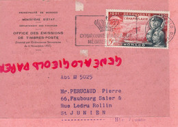 MONACO-MARCOPHILIE TIMBRE 5 F- ANAPHYLAXIE -PERUCAUD MEGISSERIE ST SAINT JUNIEN RECOMMANDE 1954 - Postmarks